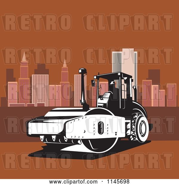 Vector Clip Art of Retro Road Roller Tractor in a Brown City