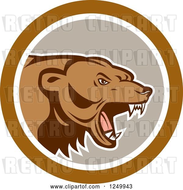 Vector Clip Art of Retro Roaring Angry Grizzly Bear in a Gray and Brown Circle