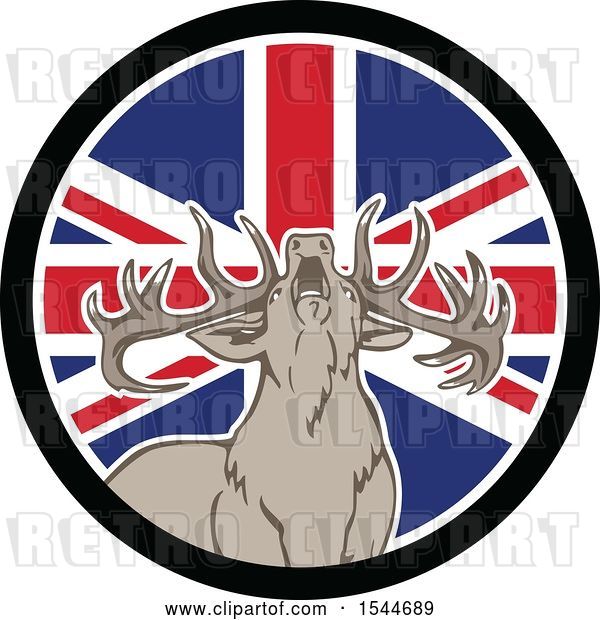 Vector Clip Art of Retro Roaring Deer in a Union Jack Flag Circle