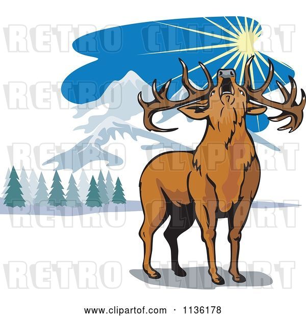 Vector Clip Art of Retro Roaring Deer in the Mountains