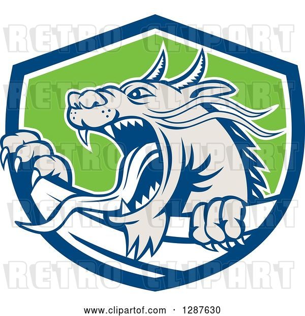 Vector Clip Art of Retro Roaring Dragon Emerging from a Blue White and Green Shield