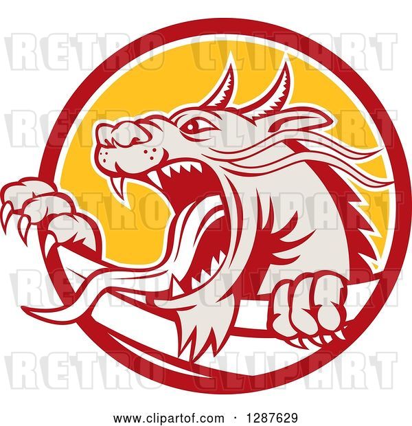 Vector Clip Art of Retro Roaring Dragon Emerging from a Red White and Yellow Circle