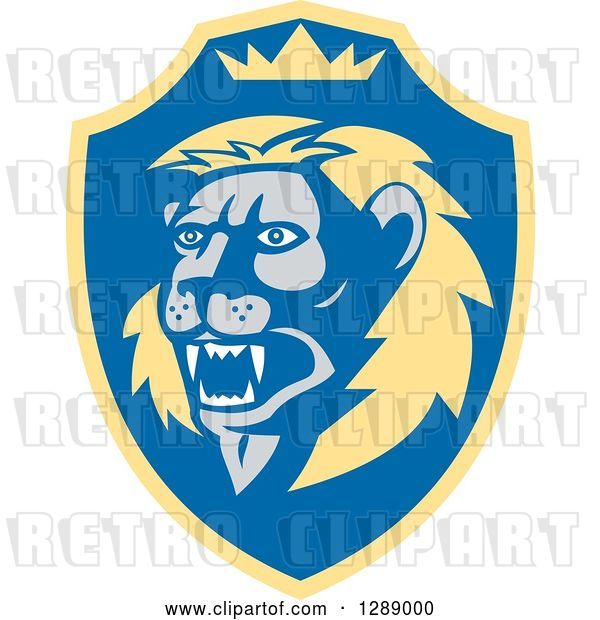 Vector Clip Art of Retro Roaring Lion Head and Crown in a Yellow and Blue Shield