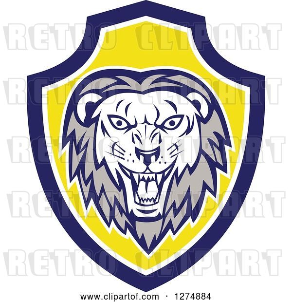 Vector Clip Art of Retro Roaring Lion Head in a Blue White and Yellow Shield