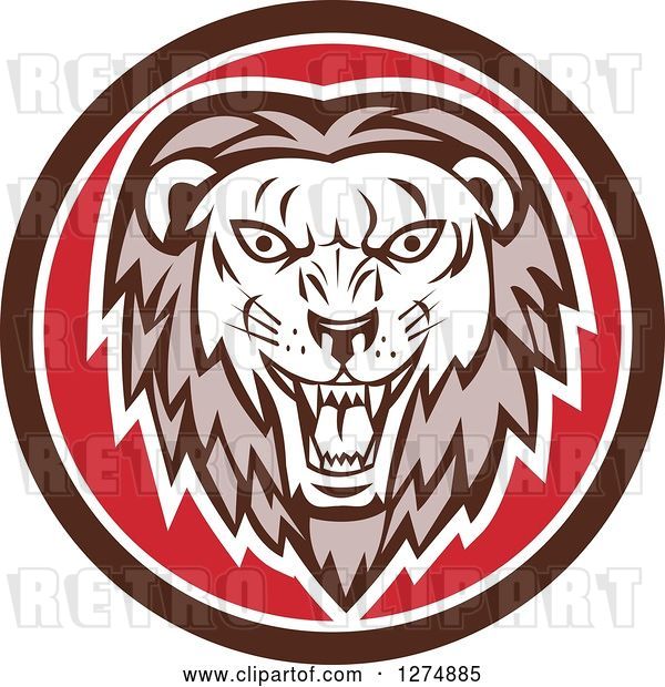 Vector Clip Art of Retro Roaring Lion Head in a Brown White and Red Circle