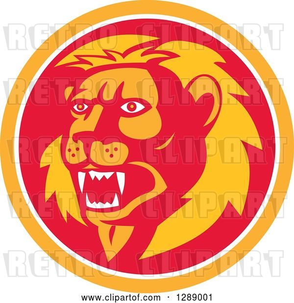 Vector Clip Art of Retro Roaring Lion Head in an Orange White and Red Circle