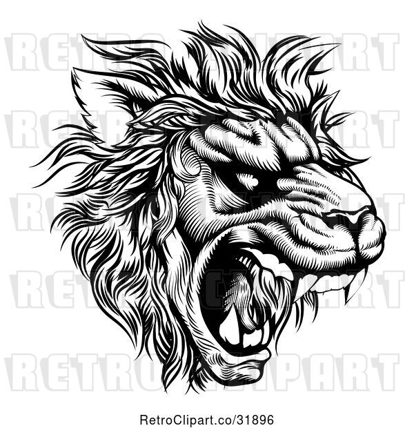 Vector Clip Art of Retro Roaring Lion Mascot Head in