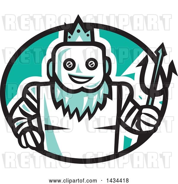 Vector Clip Art of Retro Robotic Poseidon Holding a Trident in a Black White and Turquoise Oval