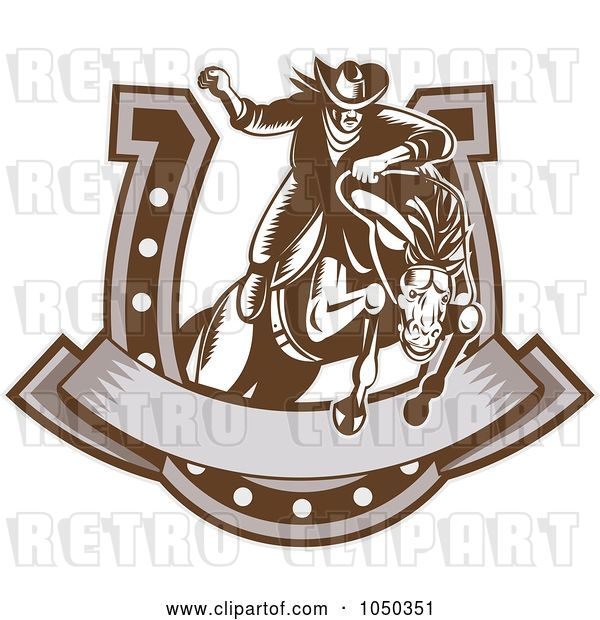 Vector Clip Art of Retro Rodeo Cowboy and Horse Leaping Through a Horseshoe Banner
