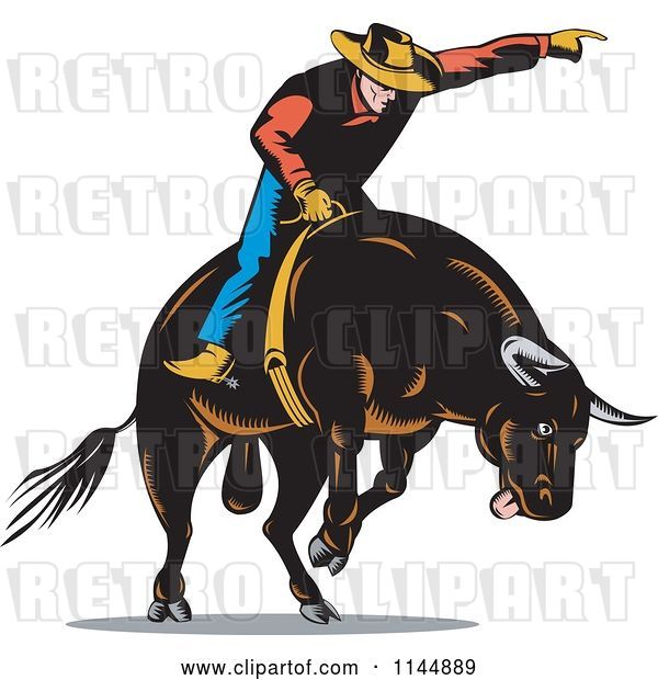 Vector Clip Art of Retro Rodeo Cowboy on a Bucking Bull 3