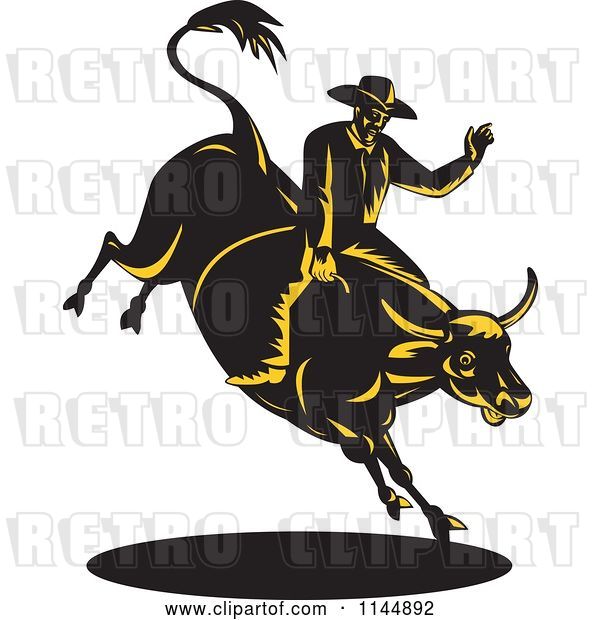 Vector Clip Art of Retro Rodeo Cowboy on a Bucking Bull 4