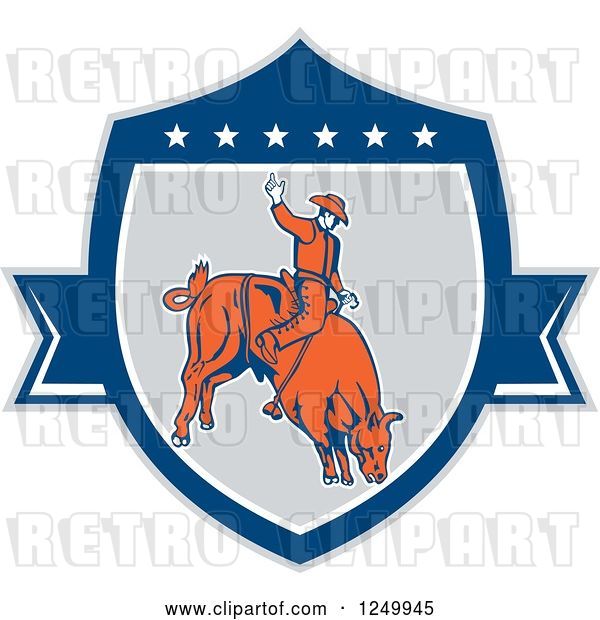 Vector Clip Art of Retro Rodeo Cowboy on a Bucking Bull in a Shield