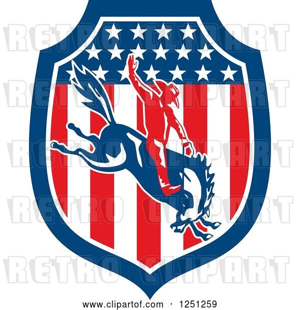 Vector Clip Art of Retro Rodeo Cowboy on a Bucking Horse in an American Flag Shield