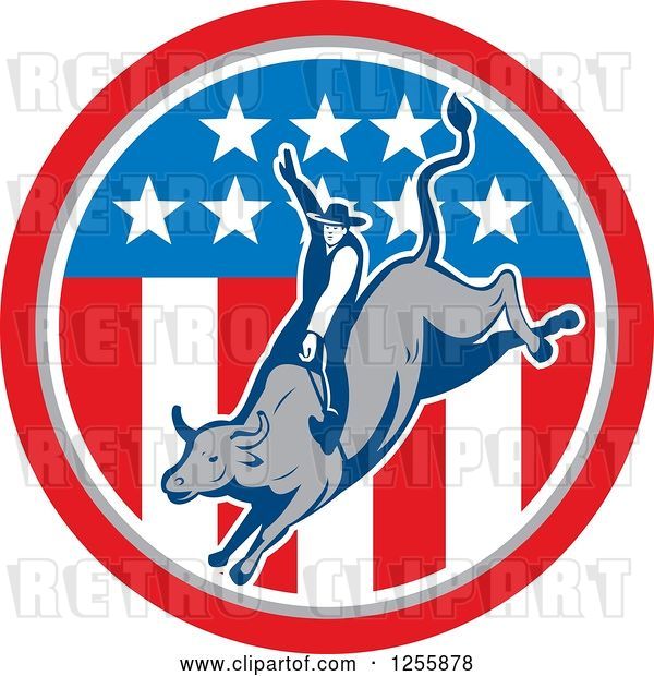 Vector Clip Art of Retro Rodeo Cowboy on a Bull in an American Flag Circle