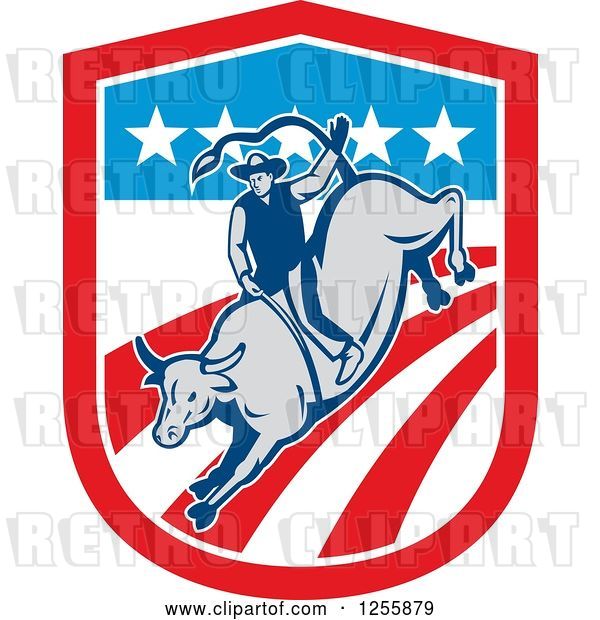 Vector Clip Art of Retro Rodeo Cowboy on a Bull in an American Flag Shield