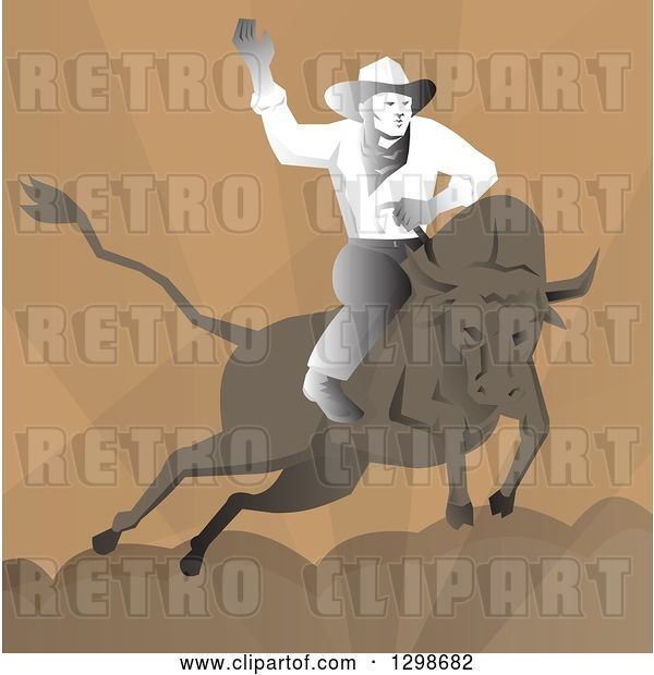 Vector Clip Art of Retro Rodeo Cowboy on Abull over Brown