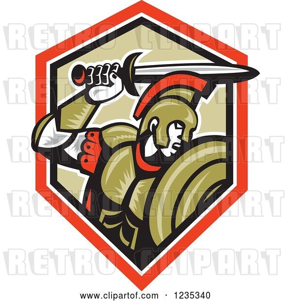 Vector Clip Art of Retro Roman Centurion Soldier Holding up His Sword over a Shield