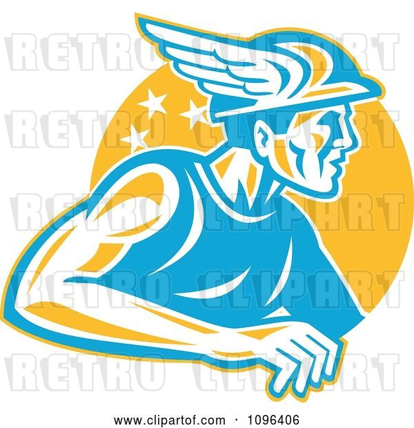 Vector Clip Art of Retro Roman God Mercury or Greek God Hermes with a Winged Hat over an Orange Circle