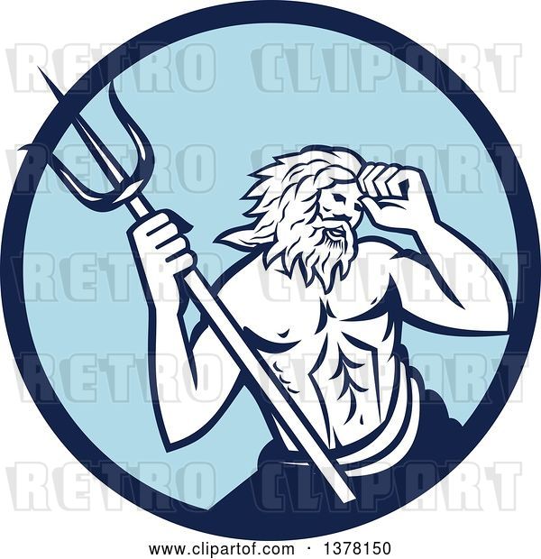 Vector Clip Art of Retro Roman Sea God, Neptune or Poseidon, with a Trident in a Blue Circle
