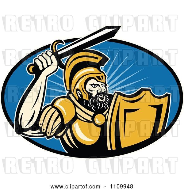 Vector Clip Art of Retro Roman Soldier Holding up His Sword over a Blue Oval