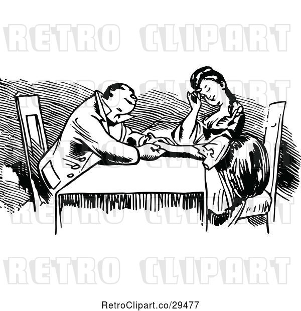 Vector Clip Art of Retro Romantic Couple Holding Hands at a Table