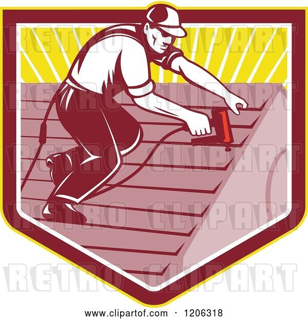 Vector Clip Art of Retro Roofer Worker Guy Using a Nail Gun over a Ray Crest Shield
