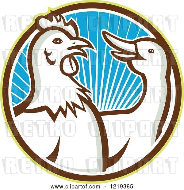Vector Clip Art of Retro Rooster and Goose in a Circle of Blue Sunshine