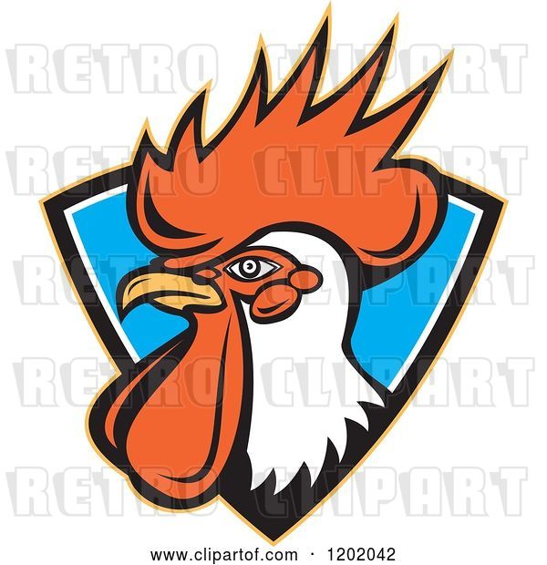 Vector Clip Art of Retro Rooster Head Emerging from a Blue Shield Crest