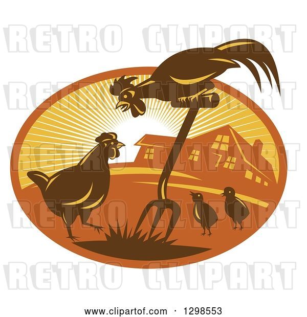 Vector Clip Art of Retro Rooster, Hen and Chicks with a Pitchfork by a Farm House in a Sunshine Oval