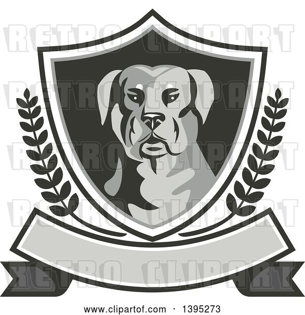 Vector Clip Art of Retro Rottweiler Head in a Shield with Laurel Branches over a Blank Banner