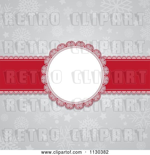 Vector Clip Art of Retro Round Christmas Frame and Red Ribbon over Gray Snowflakes
