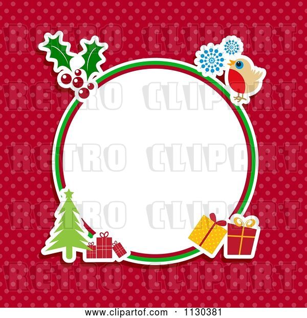 Vector Clip Art of Retro Round Christmas Frame with Items on Red Polka Dots