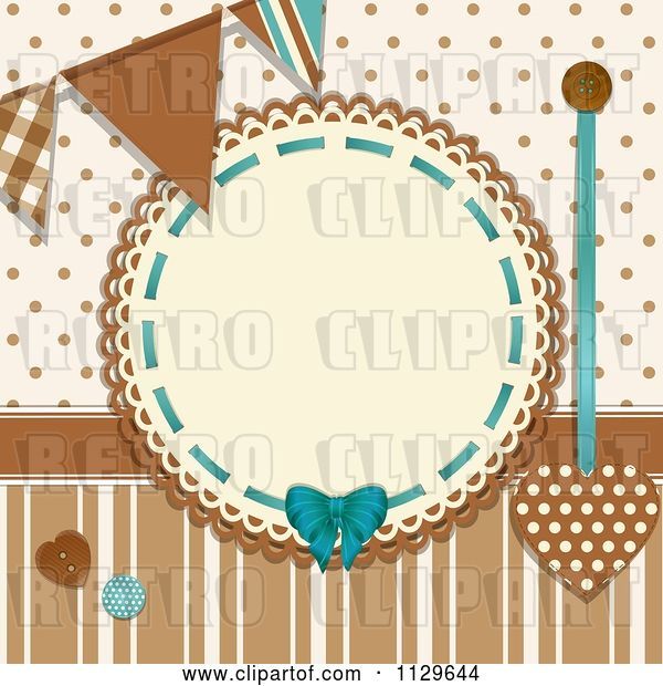 Vector Clip Art of Retro Round Frame with Banner Flags Buttons Polka Dots and Stripes in Brown and Blue