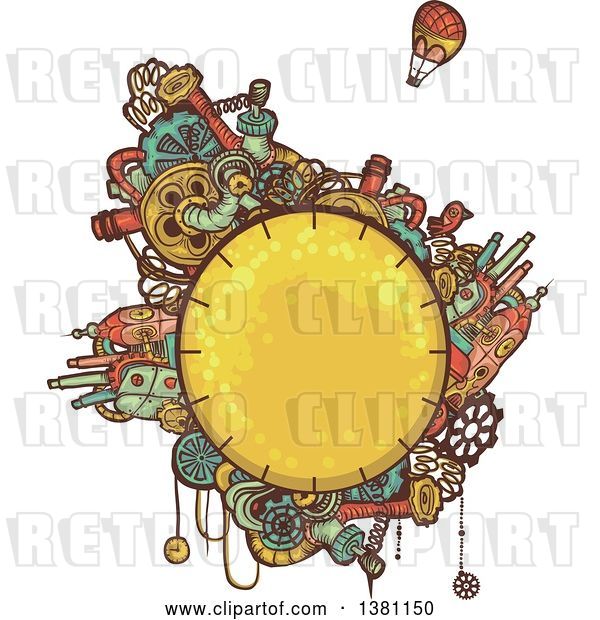 Vector Clip Art of Retro Round Steampunk Planet with Cities and a Hot Air Balloon