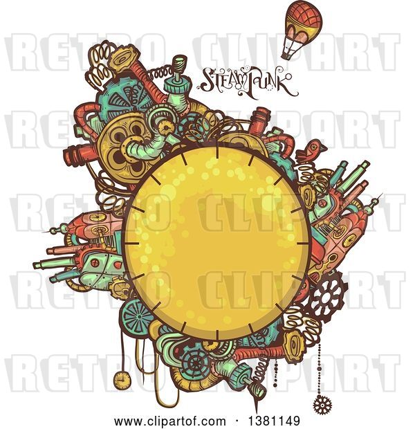Vector Clip Art of Retro Round Steampunk Planet with Cities, Text and a Hot Air Balloon