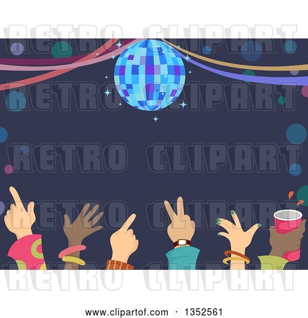 Vector Clip Art of Retro Row of Hands of Dancers Under a Disco Ball and Text Space