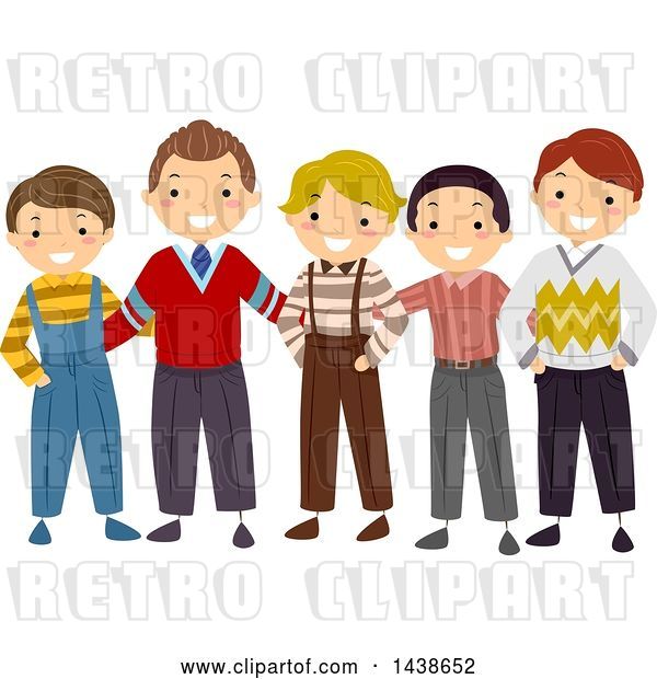 Vector Clip Art of Retro Row of Happy Boys and Men in Apparel