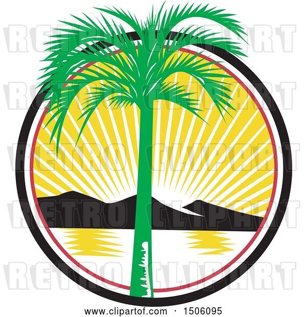 Vector Clip Art of Retro Royal Palm Tree over a Bay with Mountains at Sunset