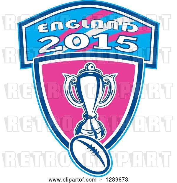 Vector Clip Art of Retro Rugby Ball and Trophy over a Pink and Blue England 2015 Shield