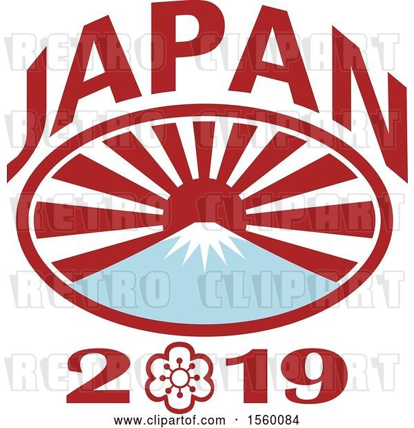 Vector Clip Art of Retro Rugby Ball Oval with Mount Fuji, Japanese Rising Sun and 2019 Text