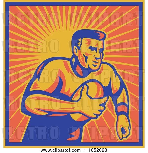 Vector Clip Art of Retro Rugby Football Guy Against Orange Rays
