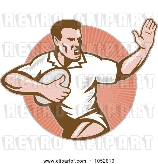 Vector Clip Art of Retro Rugby Football Guy over a Circle of Rays