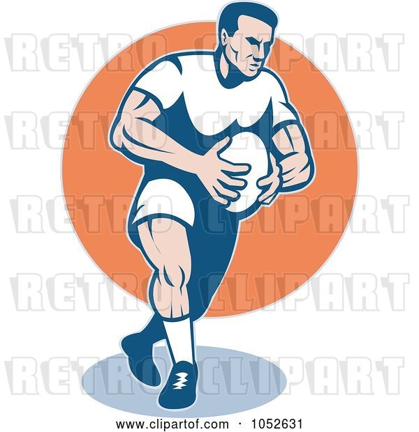 Vector Clip Art of Retro Rugby Football Guy over an Orange Circle