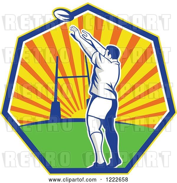 Vector Clip Art of Retro Rugby Player Throwing Against a Sunset in a Heptagon
