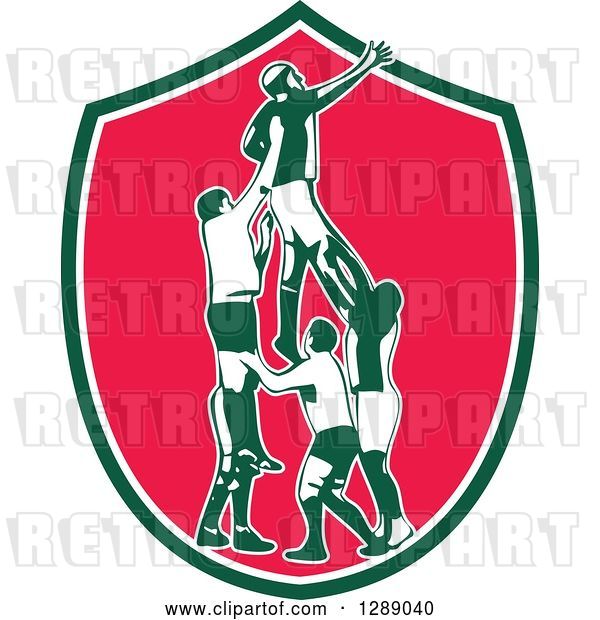 Vector Clip Art of Retro Rugby Union Player Catching Lineout Ball in a Green White and Pink Shield