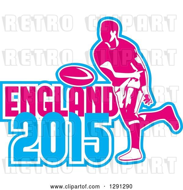 Vector Clip Art of Retro Rugby Union Player Passing a Ball, and White Pink and Blue England 2015 Text