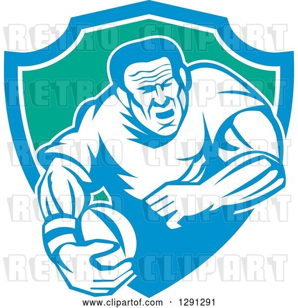 Vector Clip Art of Retro Rugby Union Player Running with a Ball in a Blue White and Green Shield