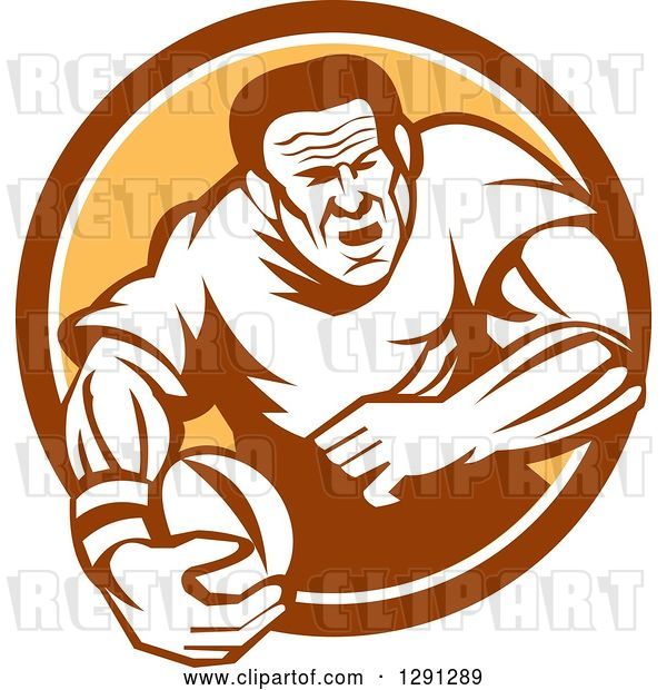 Vector Clip Art of Retro Rugby Union Player Running with a Ball in a Brown White and Orange Circle
