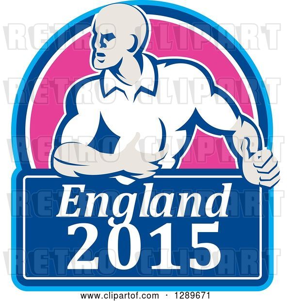 Vector Clip Art of Retro Rugby Union Player with Ball in a Pink and Blue England 2015 Shield