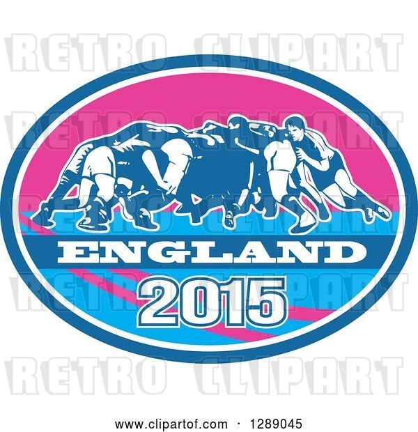 Vector Clip Art of Retro Rugby Union Players in a Scrum in a Blue White and Pink England 2015 Oval